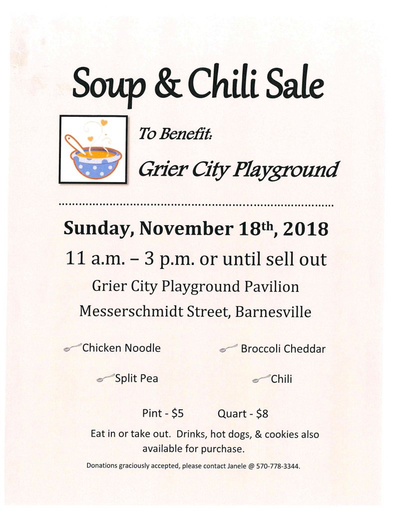 Soup & Chili Sale to Benefit Grier City Playgound @ Grier City Playground Pavilion